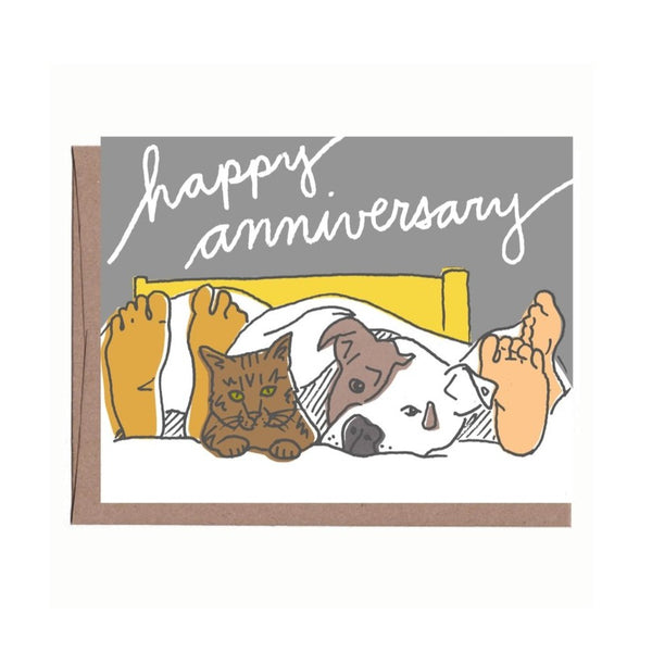 Pets in Bed Anniversary Card